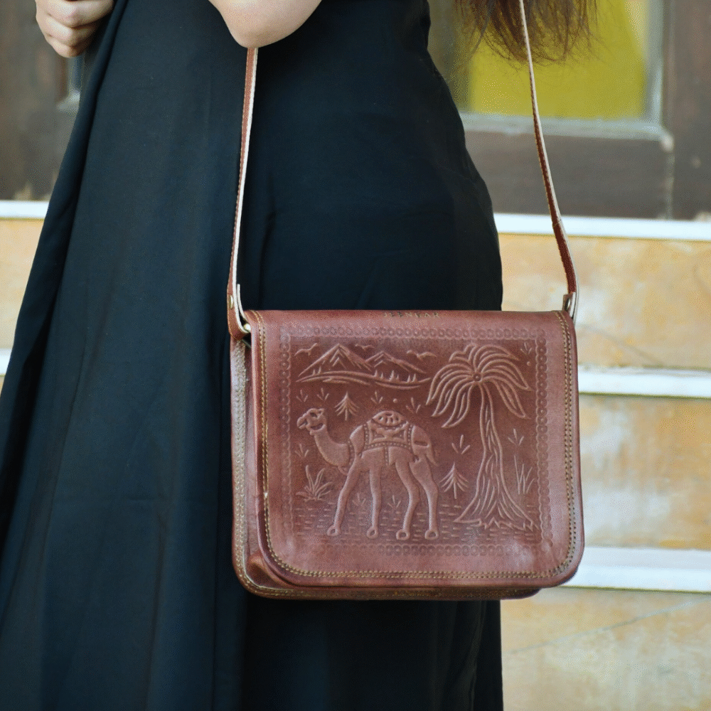 Jeengar Desert Camel Embossed Leather Sling Bag image